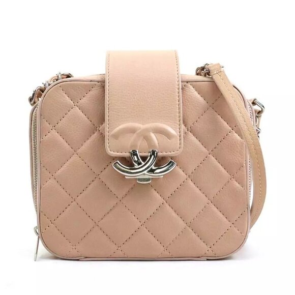 Auth CHANEL Crossbody Shoulder Bag Pink Beige Leather/Silvertone - Picture 1 of 14